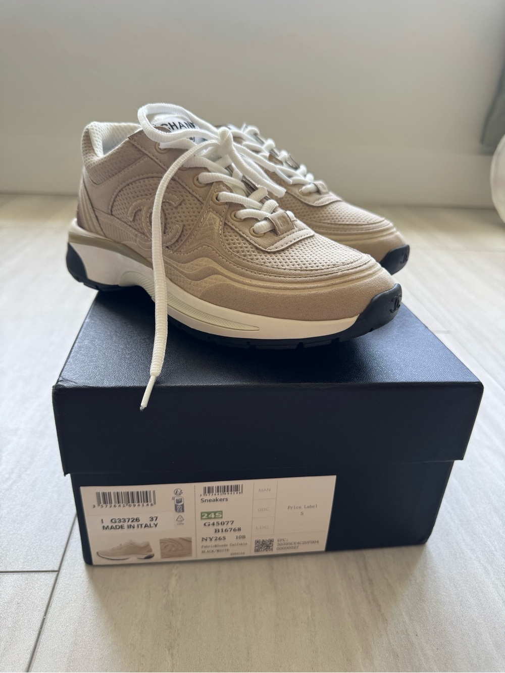 CHANEL Beige and White Calfskin Sneakers